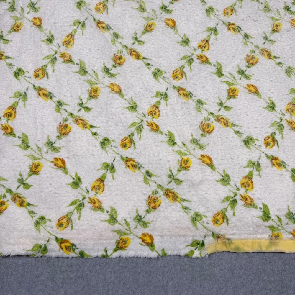 Vintage 70s Yellow Rosebud Trellis Thermal Blanket Satin Trim Floral Cottagecore